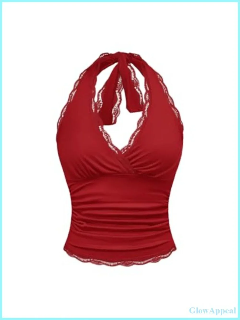 Lace Trim Ruched Halter Crop Top Sleeveless Slim Fit Cami